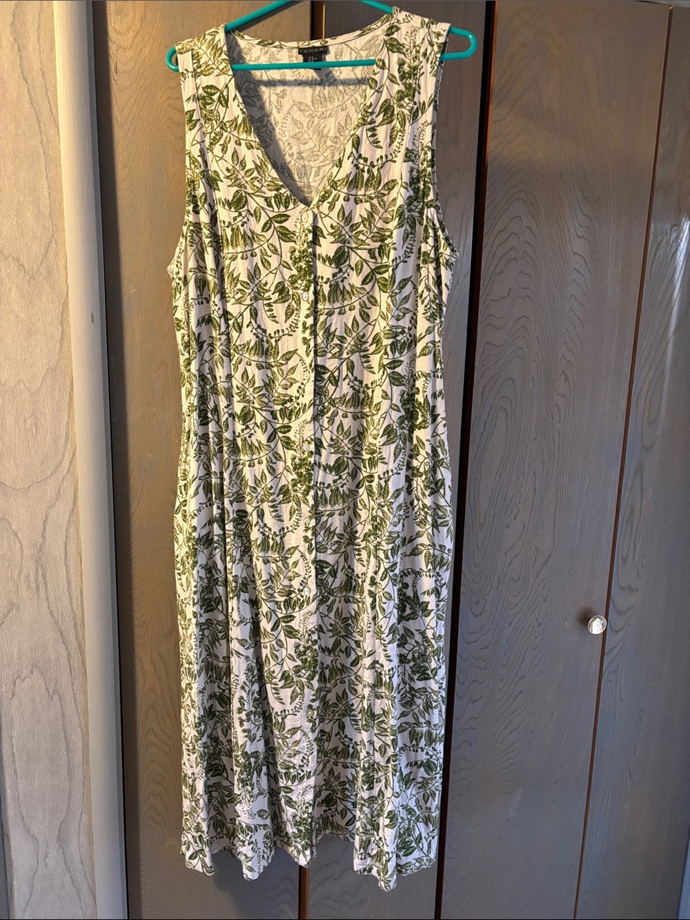 Tahari Linen Blend 90s Style Button Up Sleeveless Dress Pockets Botanical Plants